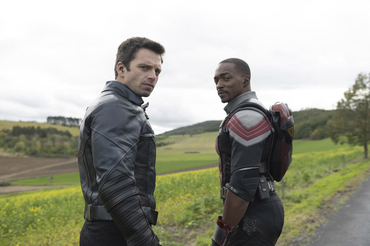 (L-R): Winter Soldier/Bucky Barnes (Sebastian Stan) and Falcon/Sam Wilson (Anthony Mackie) in Marvel Studios' THE FALCON AND THE WINTER SOLDIER exclusively on Disney+. Photo by Julie VrabelovÃ¡. Â©Marvel Studios 2021. All Rights Reserved.