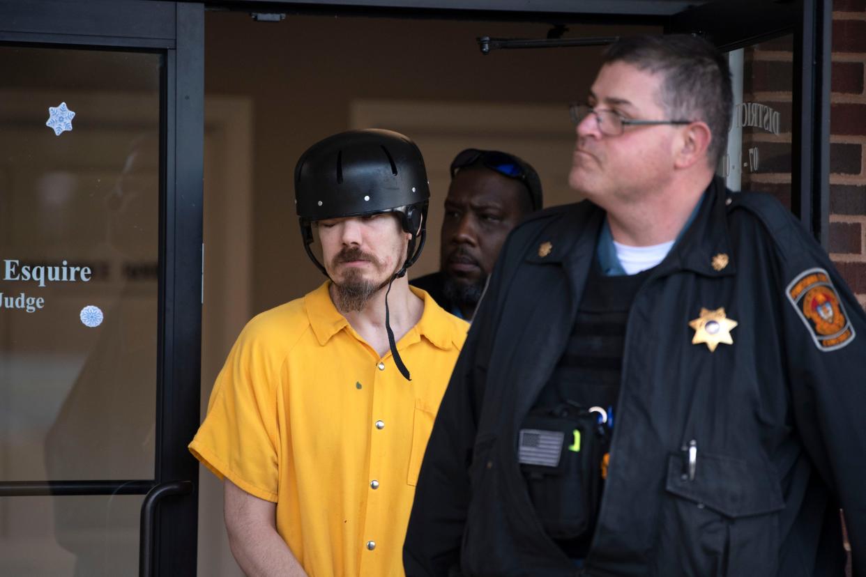 Officials escort defendant Thadius McGrath after his preliminary hearing in which he was accused of the murder of Northampton resident Samantha Remender in 2022, outside District Court 07-2-01 building on Thursday, Jan. 5, 2023.