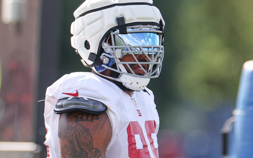 Aug 1, 2023; East Rutherford, NJ, USA; New York Giants defensive tackle Jordon Riley (95) participates in drills during training camp at the Quest Diagnostics Training Facility. Mandatory Credit: Vincent Carchietta-USA TODAY Sports