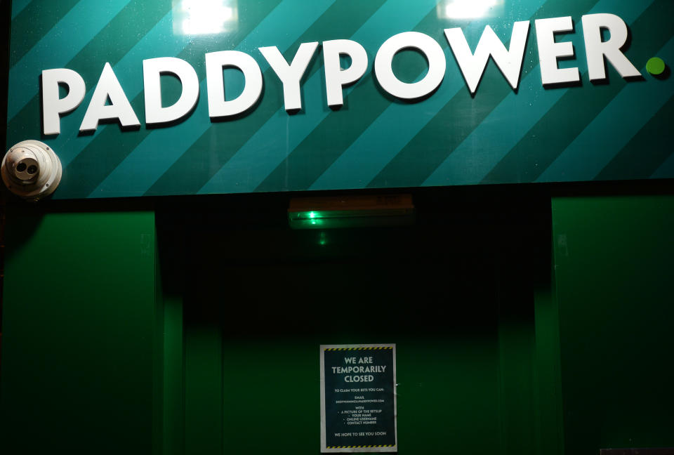 A logo of The Paddy Power in Dublin's city centre. On Tuesday, November 24, 2020, in Dublin, Ireland. (Photo by Artur Widak/NurPhoto via Getty Images)