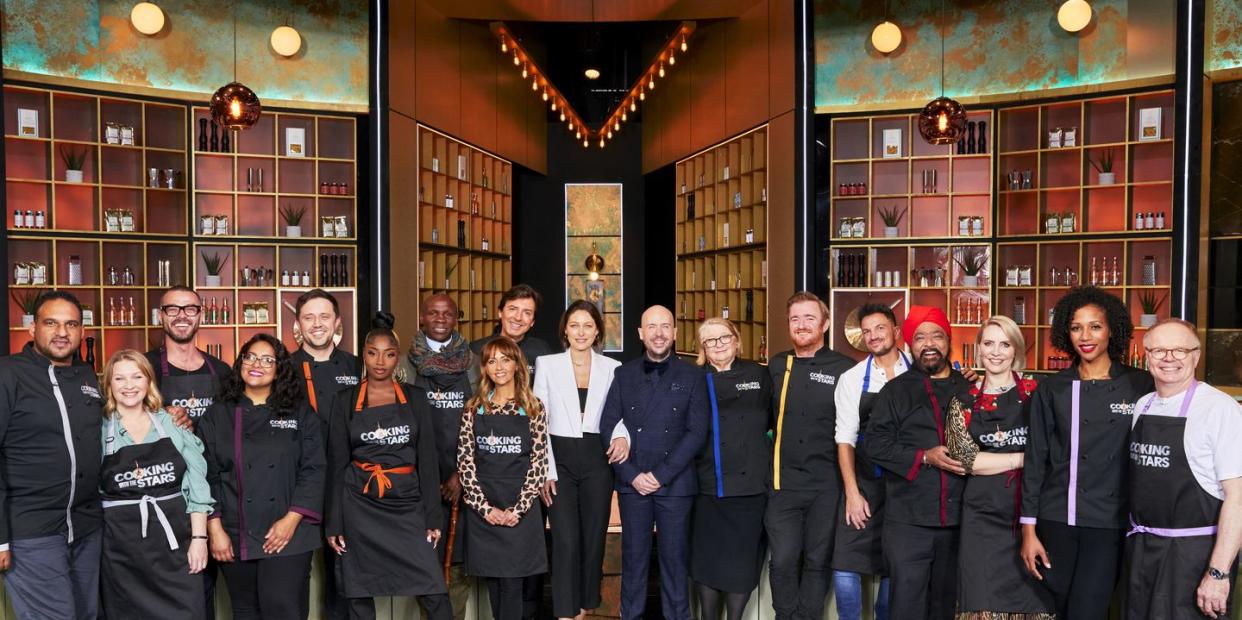 michael caines mbe, joanna page, matt willis, shelina permalloo, ellis barrie, indiyah polack, chris eubank, samia longchambon, jean christophe novelli, emma willis, tom allen, rosemary shrager, jack stein, peter andre, tony singh mbe, claire richards, april jackson and jason watkins from cooking with the stars