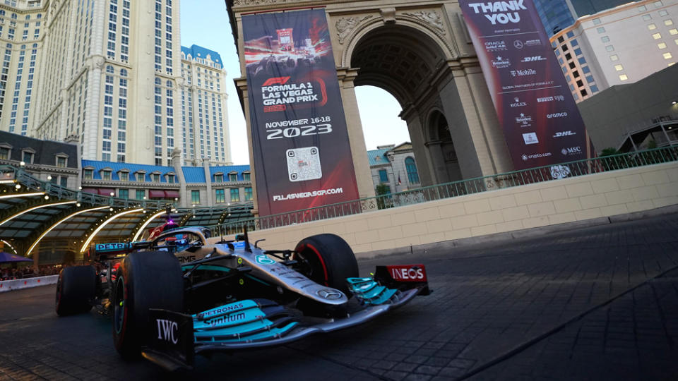 F1 driver George Russell drives along the Las Vegas Strip in 2022 at the official launch celebration for the city's Formula 1 race in 2023.