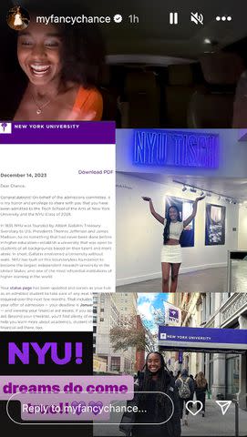 <p>CHANCE COMBS/Instagram</p> Chance Combs reacts to NYU acceptance