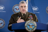 Chairman of the Joint Chiefs Gen. Mark Milley speaks during a briefing with Secretary of Defense Lloyd Austin at the Pentagon in Washington, Wednesday, March 15, 2023. (AP Photo/Andrew Harnik)