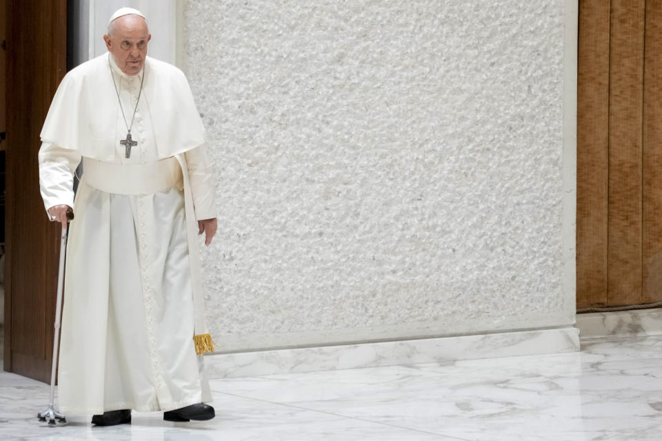 Pope Francis arrives for his weekly general audience in the Pope Paul VI hall at the Vatican, Wednesday, Aug. 30, 2023. (AP Photo/Andrew Medichini)