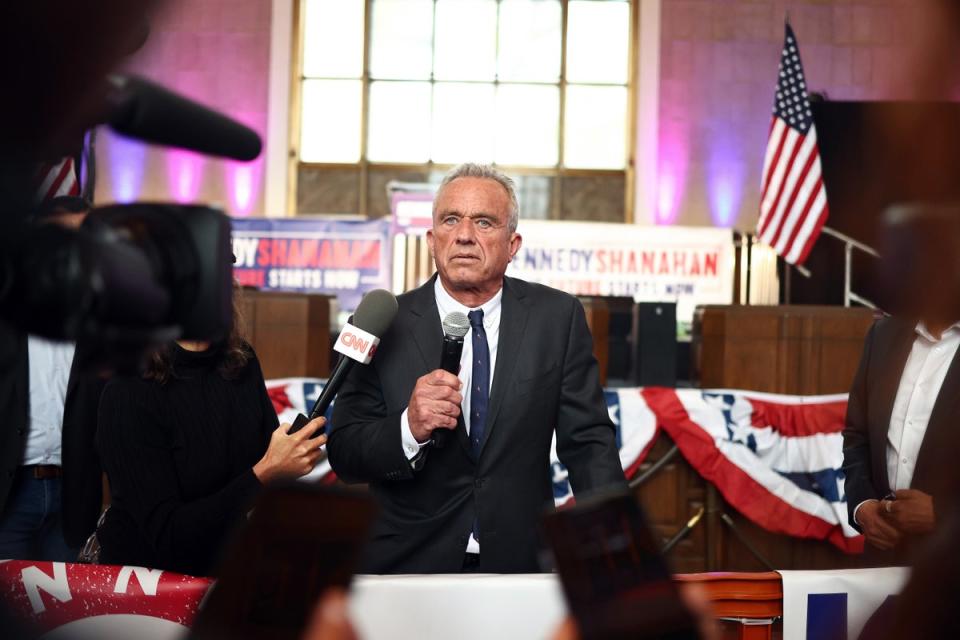 Independent presidential candidate Robert F Kennedy Jr speaks to the media at a Cesar Chavez Day event at Union Station on 30 March 2024 in Los Angeles, California (Getty)