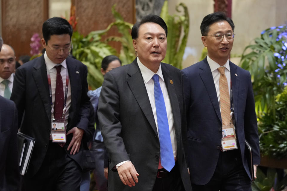 South Korean President Yoon Suk Yeol leaves after attending the East Asia Summit at the Association of Southeast Asian Nations (ASEAN) Summit in Jakarta, Indonesia, Thursday, Sept. 7, 2023. (AP Photo/Achmad Ibrahim, Pool)