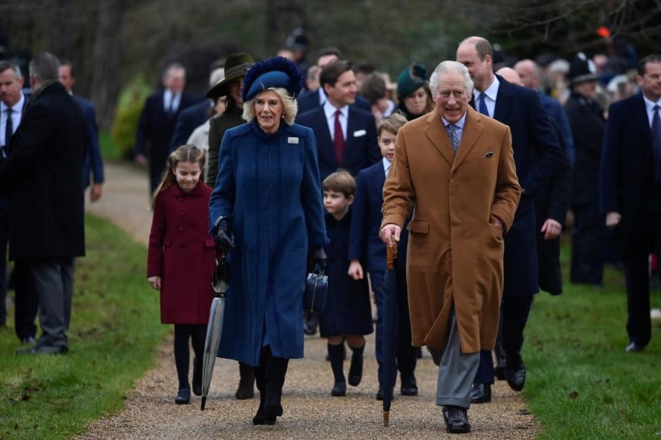 <div class="inline-image__caption"><p>Britain's King Charles, Queen Camilla, Prince William, Prince of Wales, Catherine, Princess of Wales, Prince George, Princess Charlotte and Prince Louis attend the Royal Family's Christmas Day service at St. Mary Magdalene's church, as the Royals take residence at the Sandringham estate in eastern England, Britain December 25, 2022.</p></div> <div class="inline-image__credit">REUTERS/Toby Melville</div>