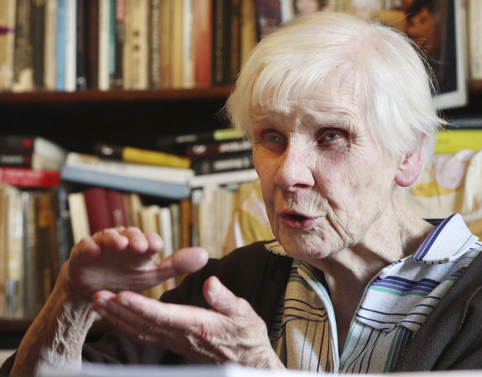 Maria Mostowska, 96, shares her memories with The Associated Press Thursday, July 11, 2019, in Warsaw, Poland, of having faced death during the 1944 Warsaw Rising struggle against the occupying Nazi Germans ahead of state ceremonies marking the 75th anniversary of the failed revolt. Mostowska was a young paediatric nurse during the Warsaw Rising, treating wounded resistance fighters and civilians in Warsaw, and the memories are still vivid even seventy-five years on. On Thursday Aug. 1, Warsaw will honor the failed rising. (AP Photo/Czarek Sokolowski)