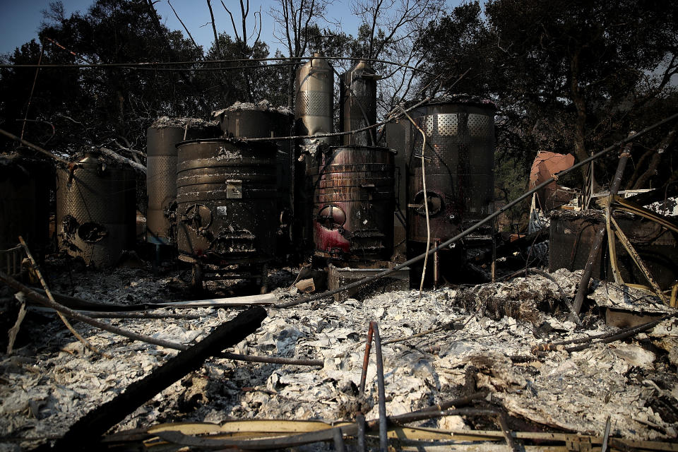 Winemaking equipment at Paradise Ridge stands in rubble after being destroyed by the Tubbs fire on Oct. 11 in Santa Rosa, Calif. (Photo: Justin Sullivan/Getty Images)