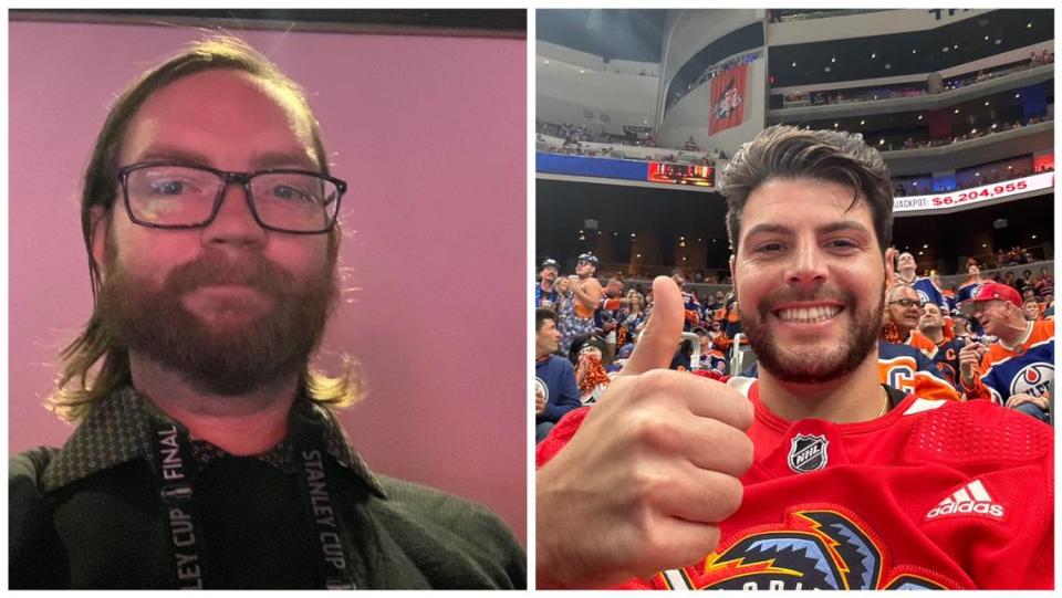 Jordan McPherson and Jake Levine from their seats for Game 6 of the Stanley Cup Final at Edmonton’s Rogers Place — Mcpherson in the press box, Levine in the lower bowl.