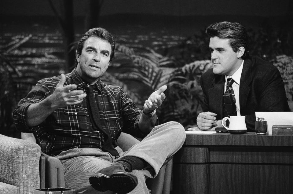 the tonight show starring johnny carson pictured l r actor tom selleck during an interview with guest host jay leno on october 15, 1990 photo by joseph del vallenbcu photo banknbcuniversal via getty images via getty images