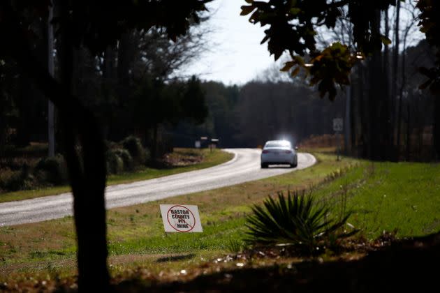 Signs like this one opposing Piedmont Lithium’s proposed pit mine mark the roadsides of Gaston County. (Photo: Brian Blanco for HuffPost)