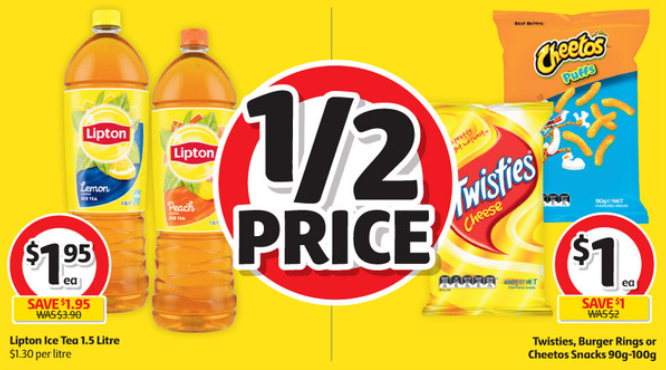 Ice tea, Twisties and Cheetos on sale for half-price at Coles.