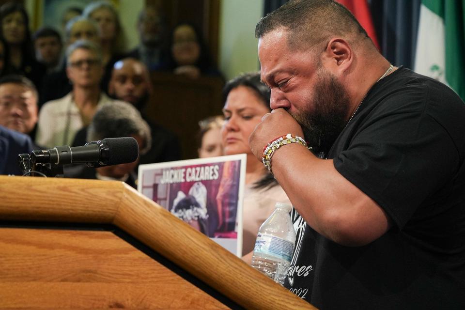 Javier Cazarez, father of Uvalde shooting victim Jacklyn Cazares, cries during a press conference as families of Uvalde victims plead for gun law reform at the Texas Capitol, Monday, May 8.