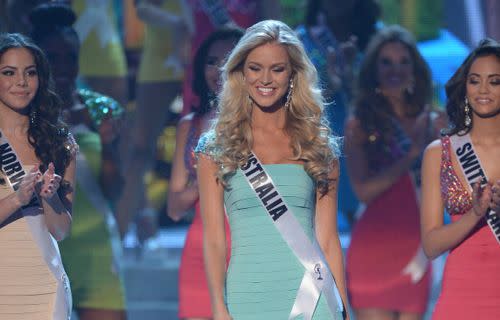 Miss Universe Australia Renae Ayris on stage in Las Vegas. Credit: JOE KLAMAR/AFP/Getty Images