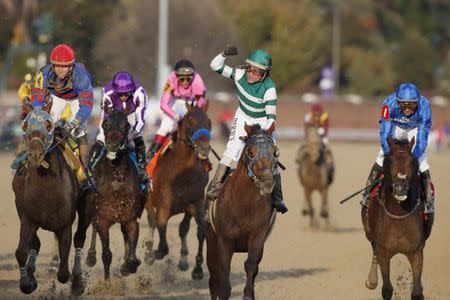 Nov 3, 2018; Louisville, KY, USA; Jockey Joel Rosario board Accelerate wins the Breeders Cup Classic during the 35th Breeders Cup world championships at Churchill Downs. Mandatory Credit: Brian Spurlock-USA TODAY Sports