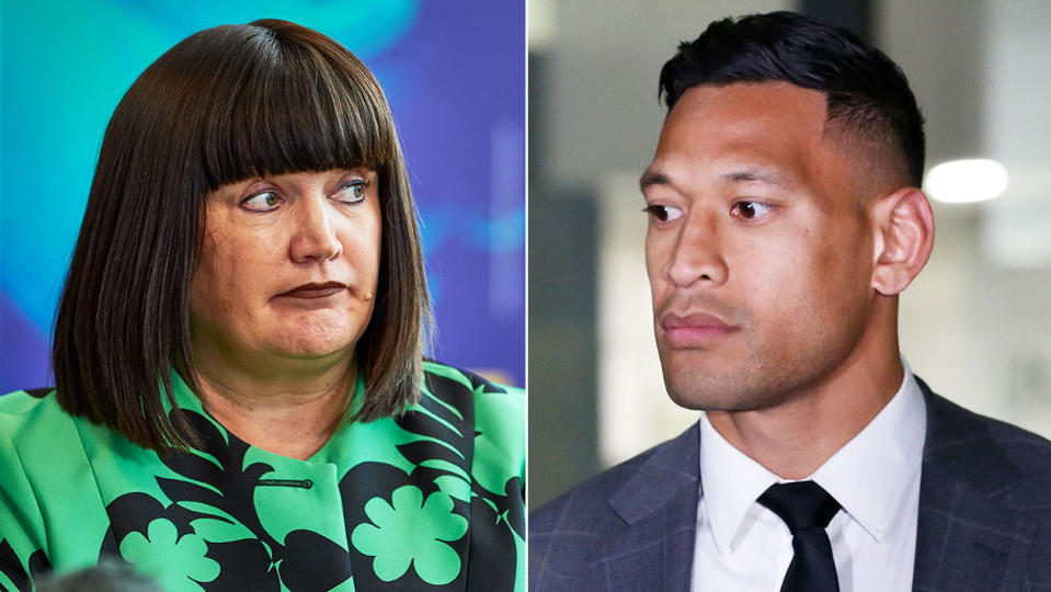 Rugby Australia and chair Raelene Castle, pictured left, have settled their dispute with Israel Folau, right.