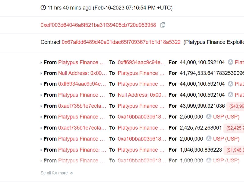 Blockchain data showing $44 million in a flash loan borrowed from Aave used to eventually exploit Platypus. (Snowtrace)