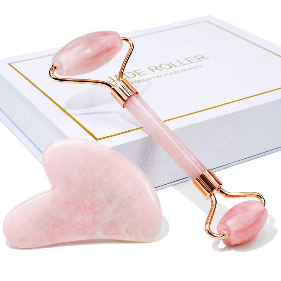 BAIMEI Jade Roller &amp; Gua Sha, Face Roller, Facial Beauty Roller Skin Care Tools, Rose Quartz Massager for Face, Eyes, Neck, Body Muscle Relaxing and Relieve Fine Lines and Wrinkles