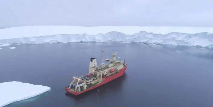 The R/V Nathaniel B. Palmer photographed from a drone at Thwaites Glacier ice front in February 2019.