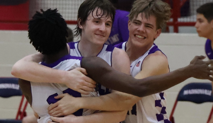 Thrall players Steven Walker, Breken Proctor and Carson Ball celebrate a 62-58 win over Big Sandy in the regional quarterfinals. The Tigers then dispatched Kenedy and Santa Maria in the regional tournament to earn the school's first trip to state.