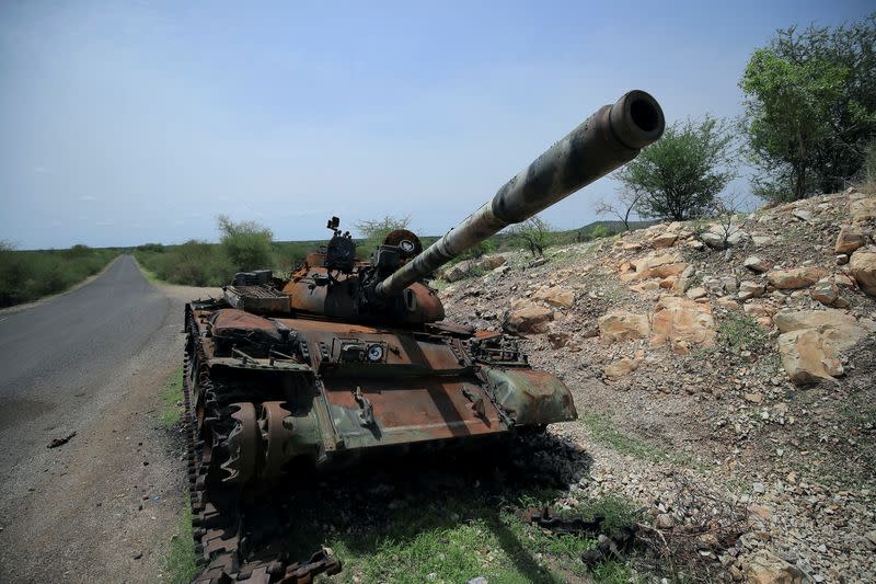 FILE PHOTO: A tank damaged during the fighting between Ethiopia’s National Defense Force (ENDF) and Tigray Special Force stands on the outskirts of Humera town