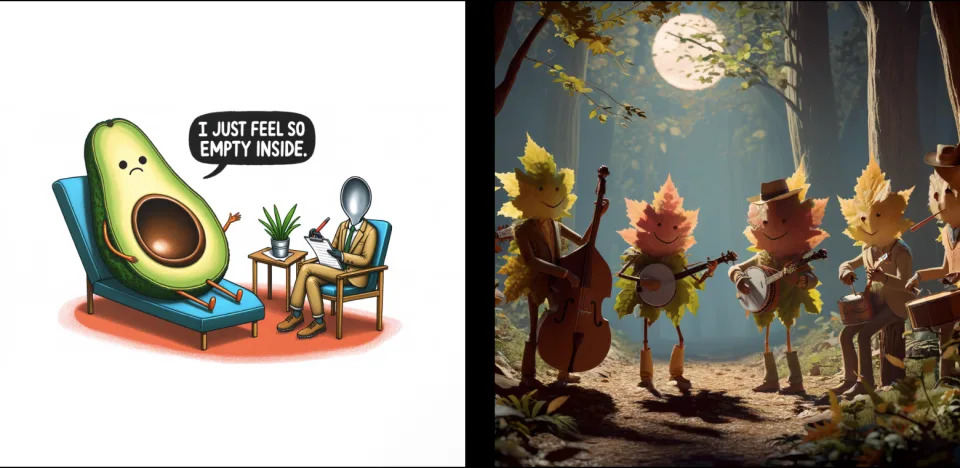 Sample AI-generated images from DALL-E 3. Left: A cartoon of a pitted avocado sitting on a therapist’s couch, saying,