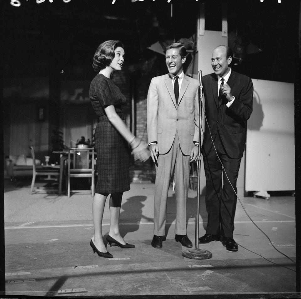 An off camera moment featuring Mary Tyler Moore; Dick Van Dyke and Carl Reiner. Image Dated August 21, 1962. Original broadcast date: October 17, 1962. (Photo by CBS via Getty Images)