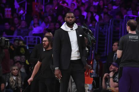 FILE PHOTO: Jan 21, 2019; Los Angeles, CA, USA; Los Angeles Lakers forward LeBron James watches the game against the Golden State Warriors at Staples Center. Mandatory Credit: Richard Mackson-USA TODAY Sports