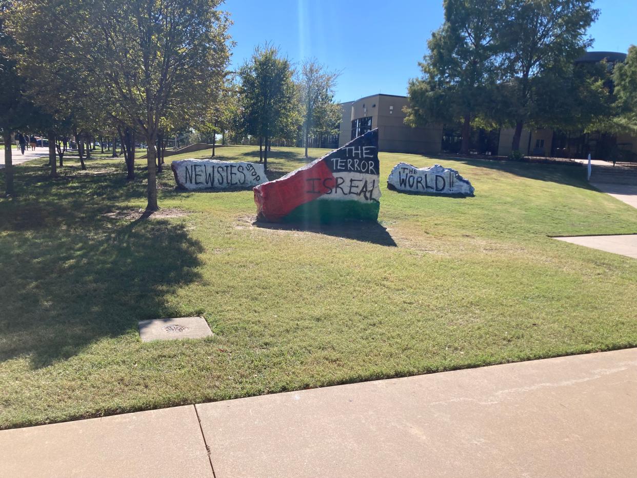 UT Dallas students painted the spirit rocks in protest of the Israel-Palestine war.