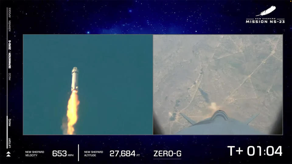 Blue Origin's webcast of the NS-23 launch last September showed a sudden change in the color and shape of the New Shepard booster's exhaust plume as the BE-3 main engine nozzle failed, triggering an in-flight abort (left). The right-side image shows Blue Origin's West Texas launch site as seen by an on-board camera. / Credit: Blue Origin