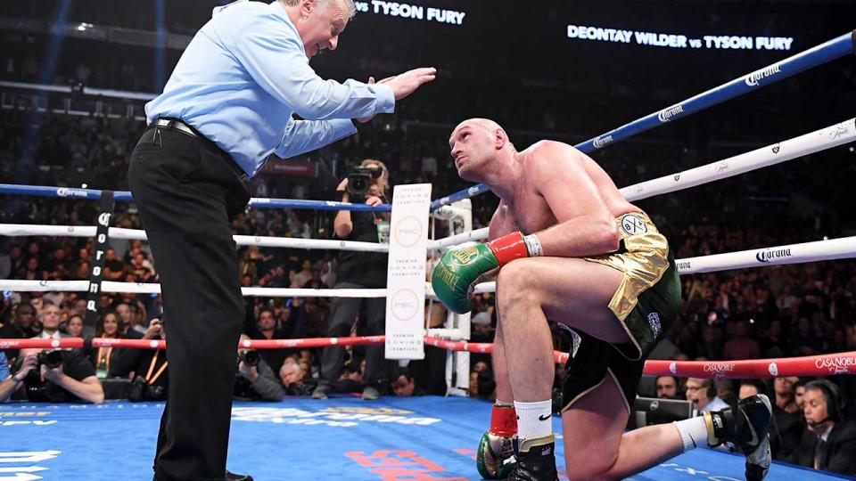 Deontay Wilder couldn’t believe how long the ref gave Tyson Fury to get up from his second knockdown. Pic: Getty