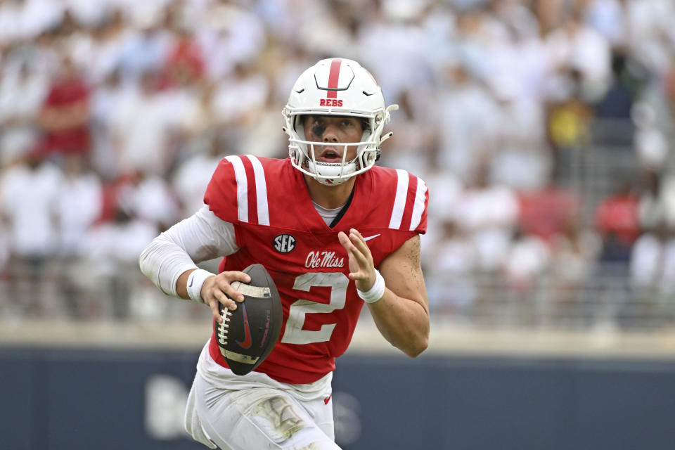 Mississippi quarterback Jaxson Dart looks to pass during the first half of an NCAA college football game against Mercer in Oxford, Miss., Saturday, Sept. 2, 2023. (AP Photo/Thomas Graning)