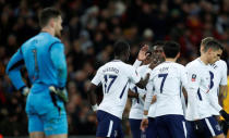 Soccer Football - FA Cup Fourth Round Replay - Tottenham Hotspur vs Newport County - Wembley Stadium, London, Britain - February 7, 2018 Tottenham's Moussa Sissoko celebrates with teammates after Newport County's Dan Butler (not pictured) scores an own goal and the first for Tottenham REUTERS/Eddie Keogh