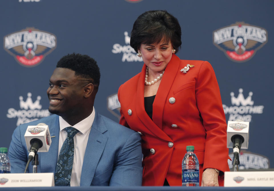 New Orleans Pelicans owner Gayle Benson takes a seat next to first-round draft pick Zion Williamson at his introductory news conference at the NBA basketball team's practice facility in Metairie, La., Friday, June 21, 2019. (AP Photo/Gerald Herbert)