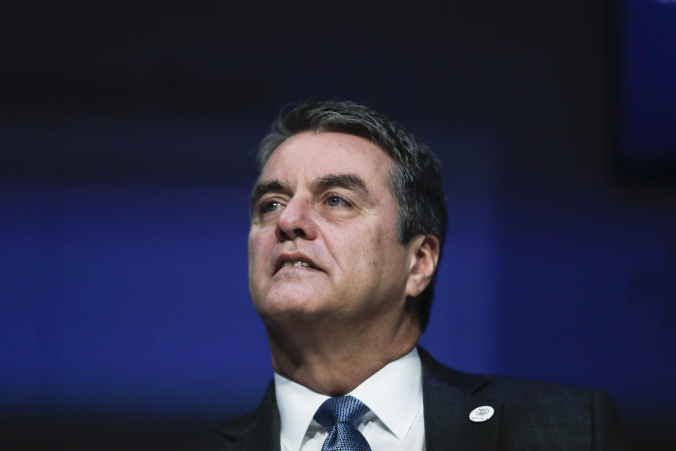 Roberto Azevedo, Director General of the World Trade Organization, WTO, attends a session at annual meeting of the World Economic Forum in Davos, Switzerland, Thursday, Jan. 24, 2019. (AP Photo/Markus Schreiber)