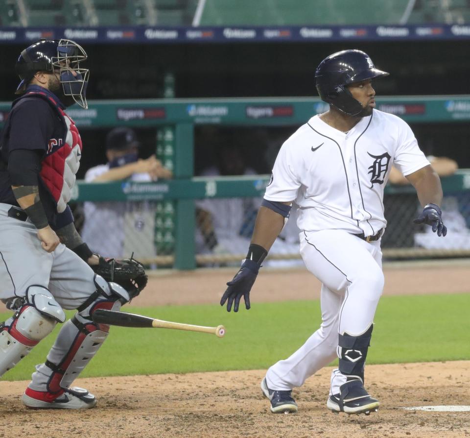 Detroit Tigers left fielder Christin Stewart singles against the Cleveland Indians during the eighth inning at Comerica Park, Saturday, August 15, 2020.