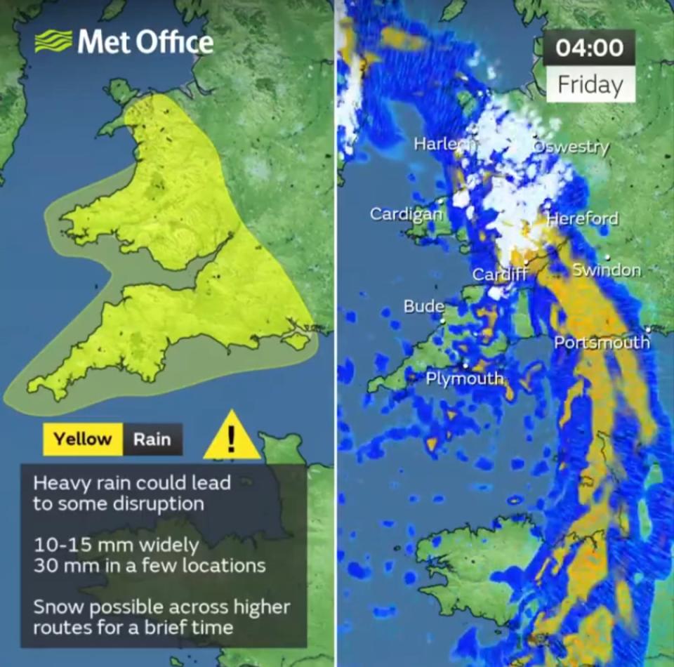 Mao shows Met Office rainfall forecast for early morning and areas under yellow weather warning for rain (Met Office)