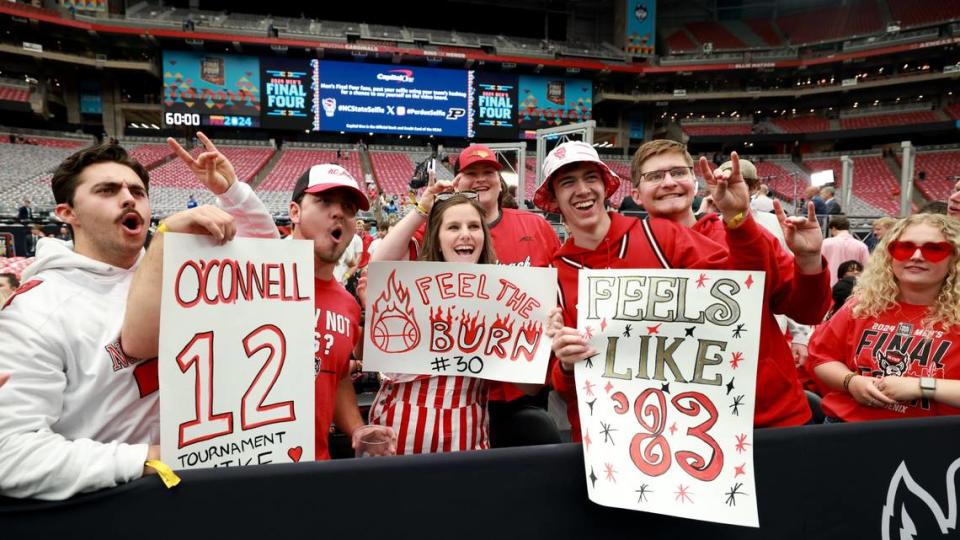 The first of the N.C. State students to arrive for the game against Purdue in the NCAA Final Four National Semifinal game on Saturday, April 6, 2024 at State Farm Stadium in Glendale, AZ.