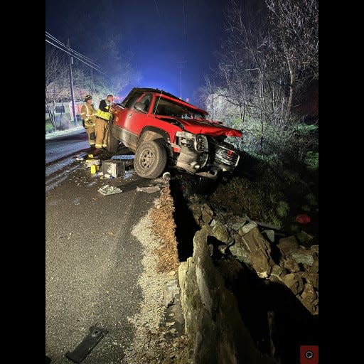 Police found a truck hanging off a bridge early this morning in East Manchester Township. A section of Wago Road will be closed indefinitely because of damage to the structure, police said.