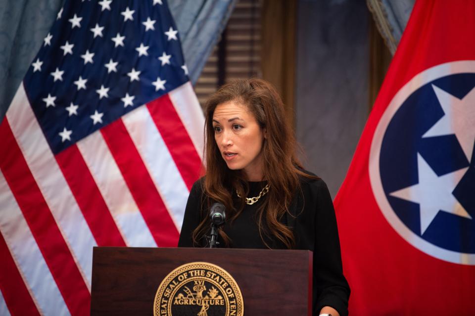 Education Commissioner Penny Schwinn as seen during a news conference with Gov. Bill Lee at the Tennessee State Capitol in Nashville, on Sept. 2, 2021.