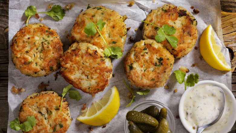 Crab cakes with lemon and cornichons