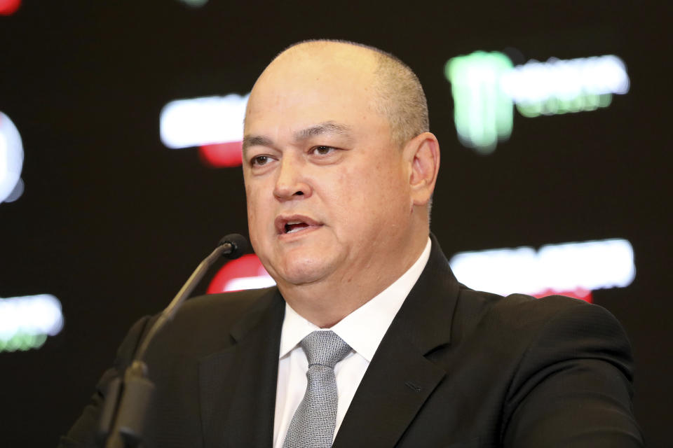 Bellator President Scott Coker speaks at a news conference promoting the Bellator Spring & Summer fight cards on Monday, March 9, 2020, in New York City. (AP Photo/Gregory Payan)