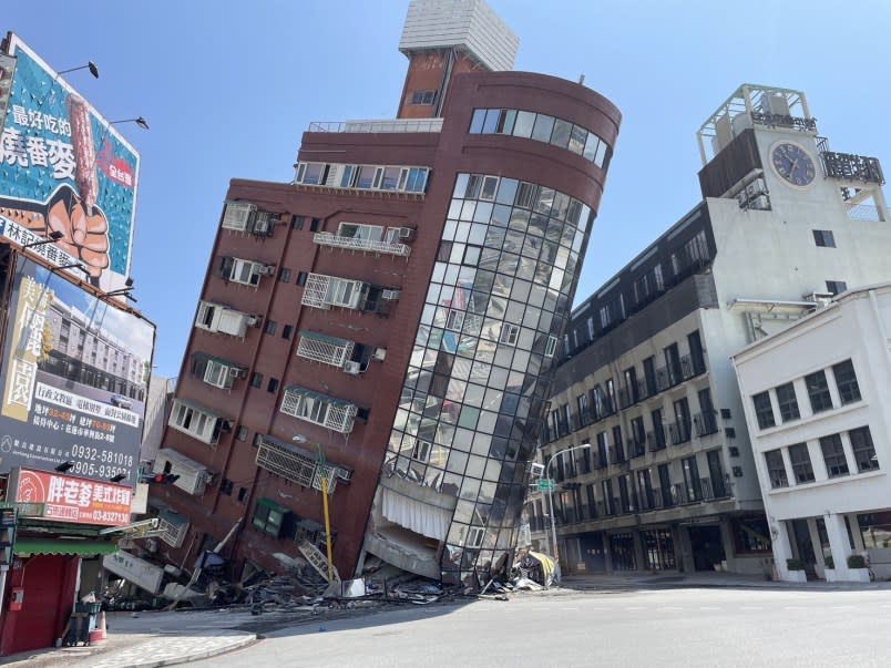 HUALIEN, TAIWAN – APRIL 3: The Uranus Building at Xuanyuan Road in Hualien, Taiwan is tilted severely after a magnitude 7.4 earthquake struck off Taiwan’s eastern coast on April 3, 2024. (Photo by Hualien County Fire Department/Anadolu via Getty Images)