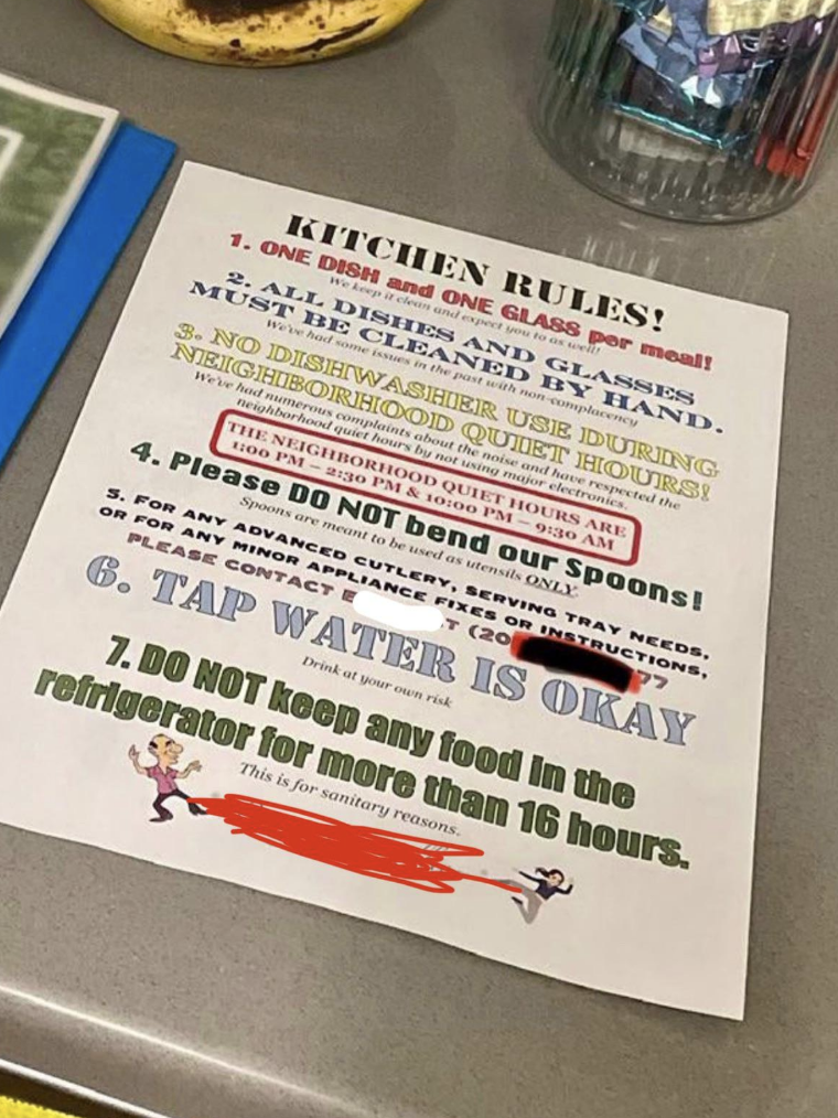 The rules include only allowing one dish and one glass per meal, no food in the fridge for longer than 16 hours, and no using the dishwasher during the afternoon or night