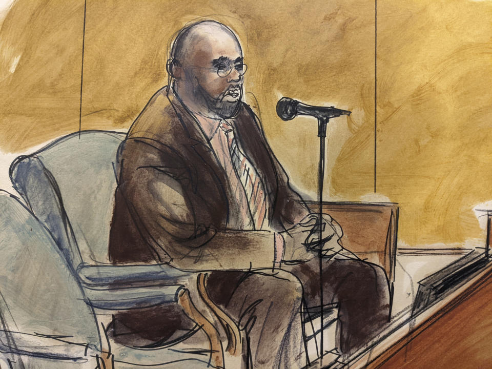 In this courtroom sketch, Larry Hood, former security and body guard for R. Kelly, testifies for the defense during the R. Kelly sex trafficking trial, Monday, Sept. 20, 2021, in New York. (AP Photo/Elizabeth Williams)