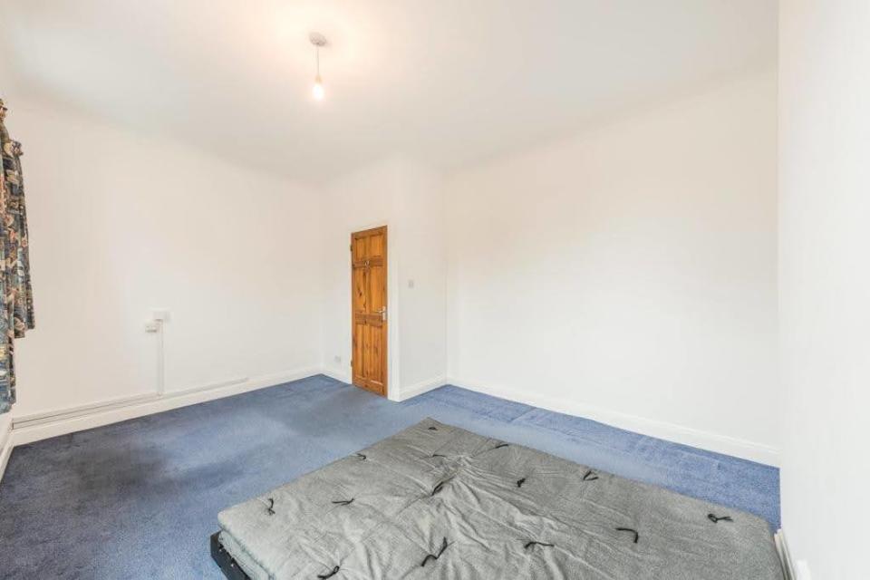 blue carpeted bedroom