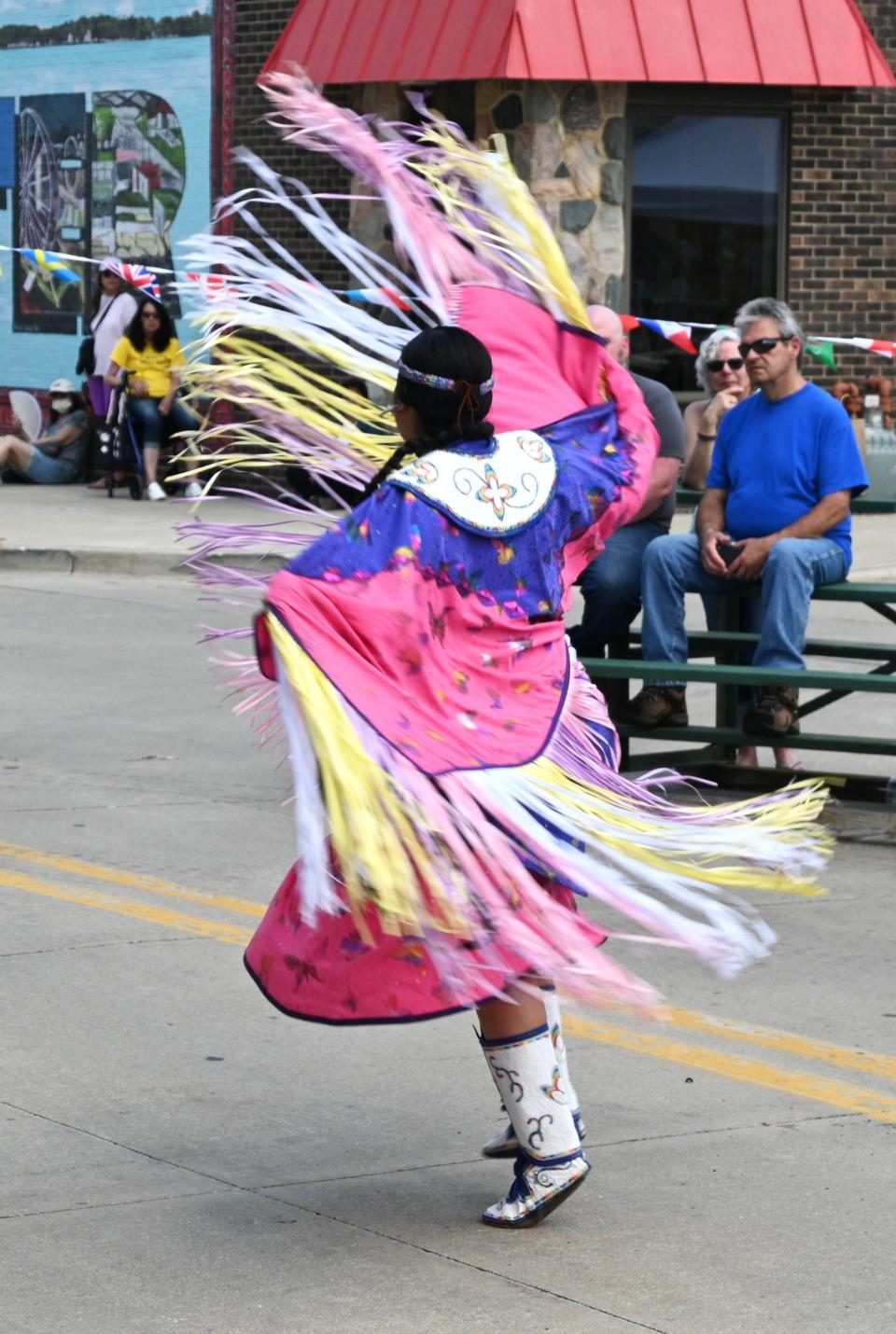 A butterfly dancer from the Nottawaseppi Huron Band of Potawatomi performs her native celebration dance at the Cultural Jubilee.