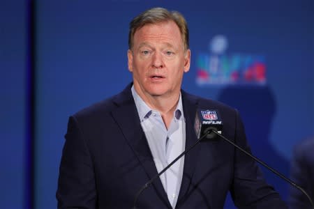 NFL Commissioner Roger Goodell speaks during the Super Bowl LVII Host Committee Handoff Press Conference at Phoenix Convention Center on February 13, 2023 in Phoenix, Arizona. Goodell is a proponent of flexing games into Thursday night